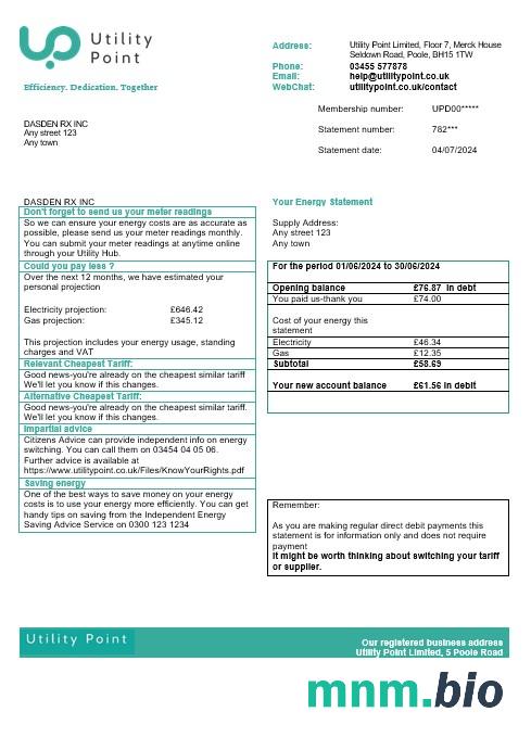 United Kingdom Utility Point rachunek za usługi komunalne template w formatach Word i PDF